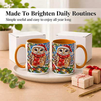 #pl[15oz|Orange] Jeweled Christmas Owl Coffee Mug, Winter Bird Mug, Ceramic Cup