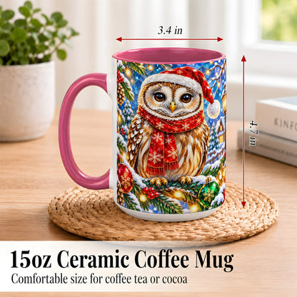 #pl[15oz|Pink] Jeweled Christmas Owl Coffee Mug, Winter Bird Mug, Ceramic Cup