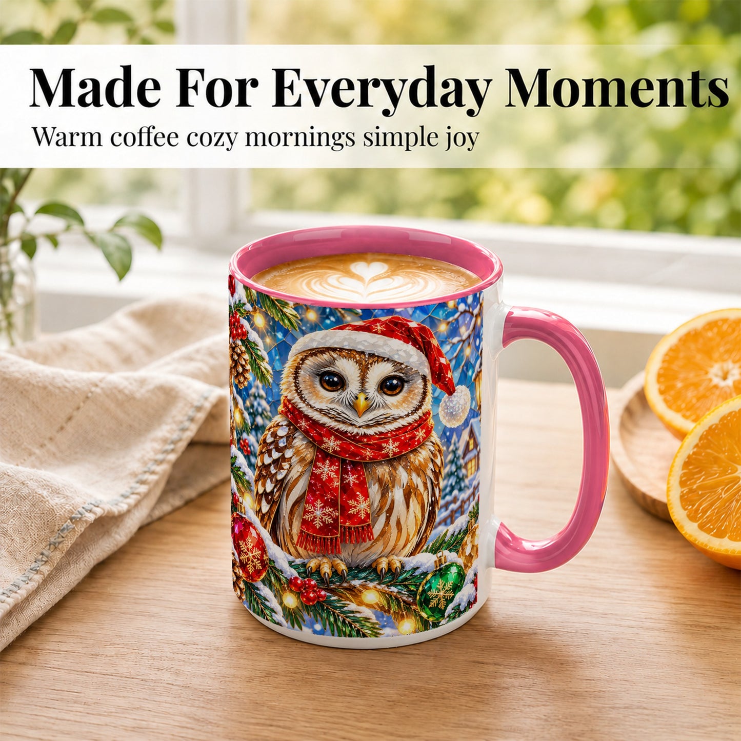 #pl[15oz|Pink] Jeweled Christmas Owl Coffee Mug, Winter Bird Mug, Ceramic Cup