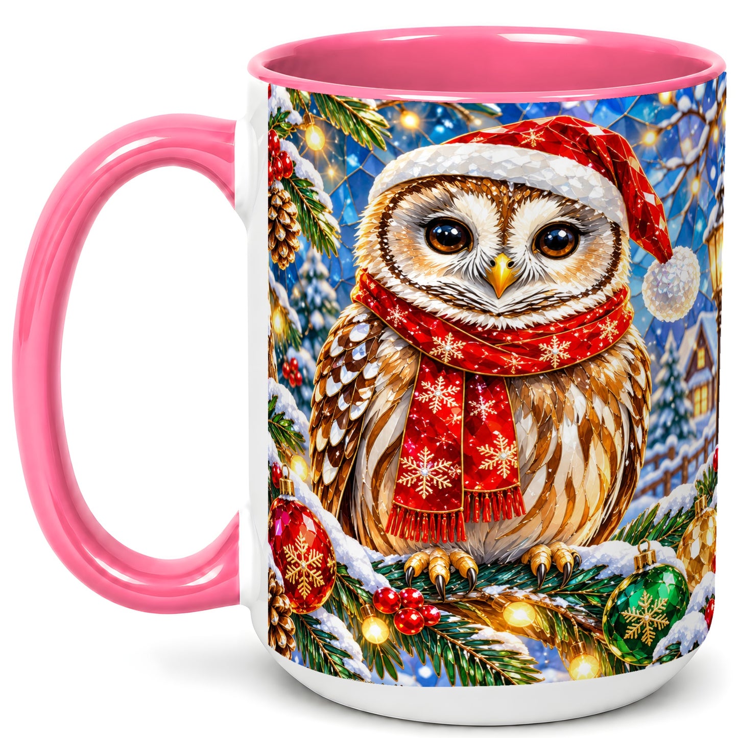 #pl[15oz|Pink] Jeweled Christmas Owl Coffee Mug, Winter Bird Mug, Ceramic Cup