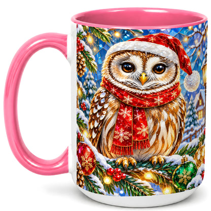 #pl[15oz|Pink] Jeweled Christmas Owl Coffee Mug, Winter Bird Mug, Ceramic Cup
