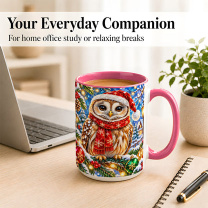 #pl[15oz|Pink] Jeweled Christmas Owl Coffee Mug, Winter Bird Mug, Ceramic Cup