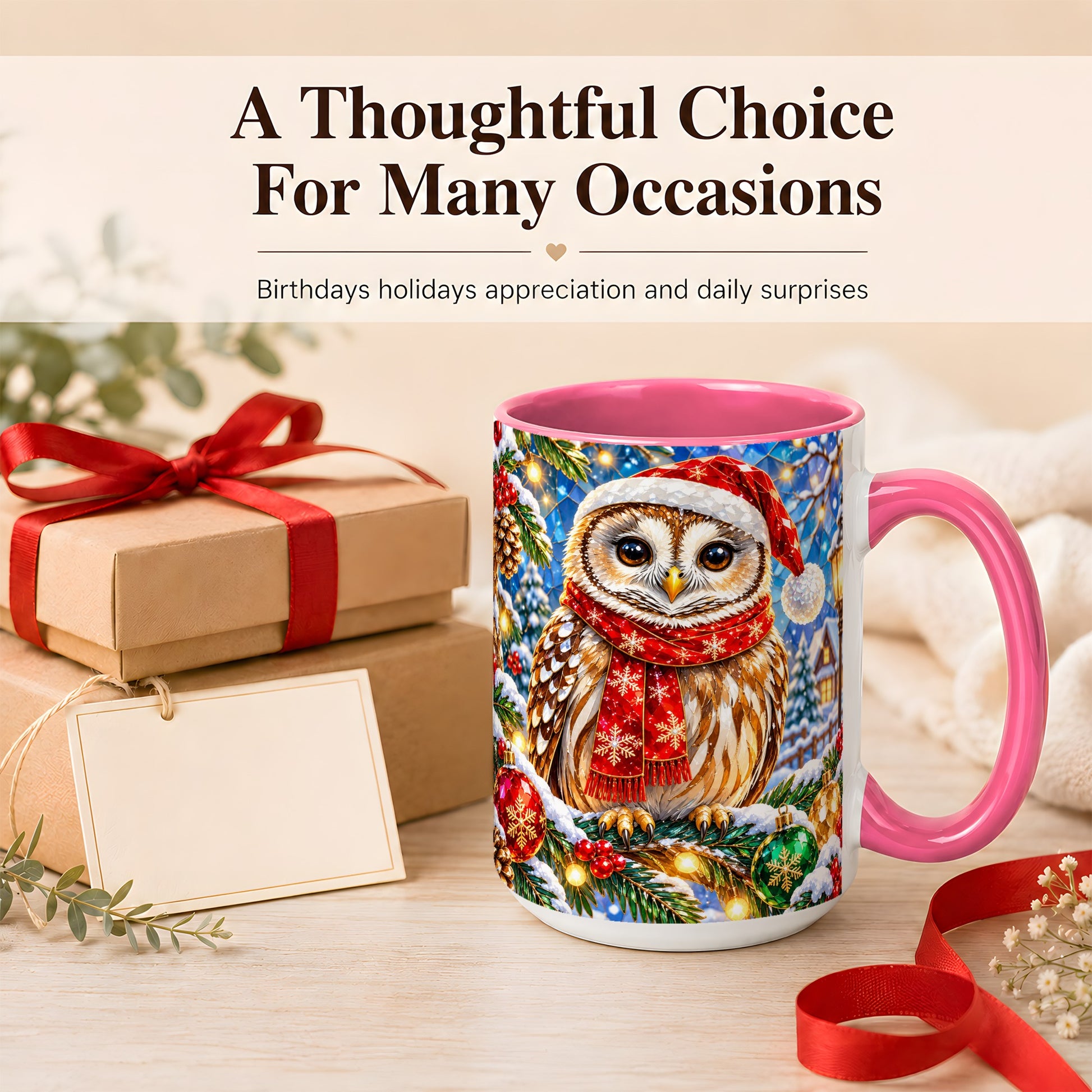 #pl[15oz|Pink] Jeweled Christmas Owl Coffee Mug, Winter Bird Mug, Ceramic Cup