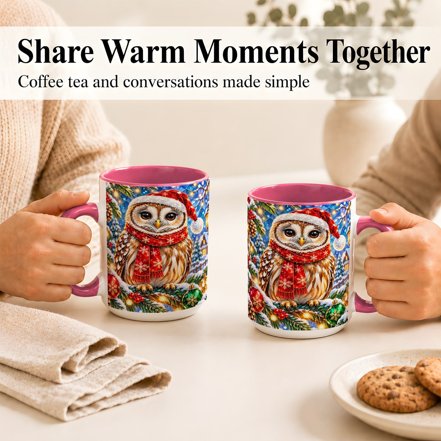 #pl[15oz|Pink] Jeweled Christmas Owl Coffee Mug, Winter Bird Mug, Ceramic Cup