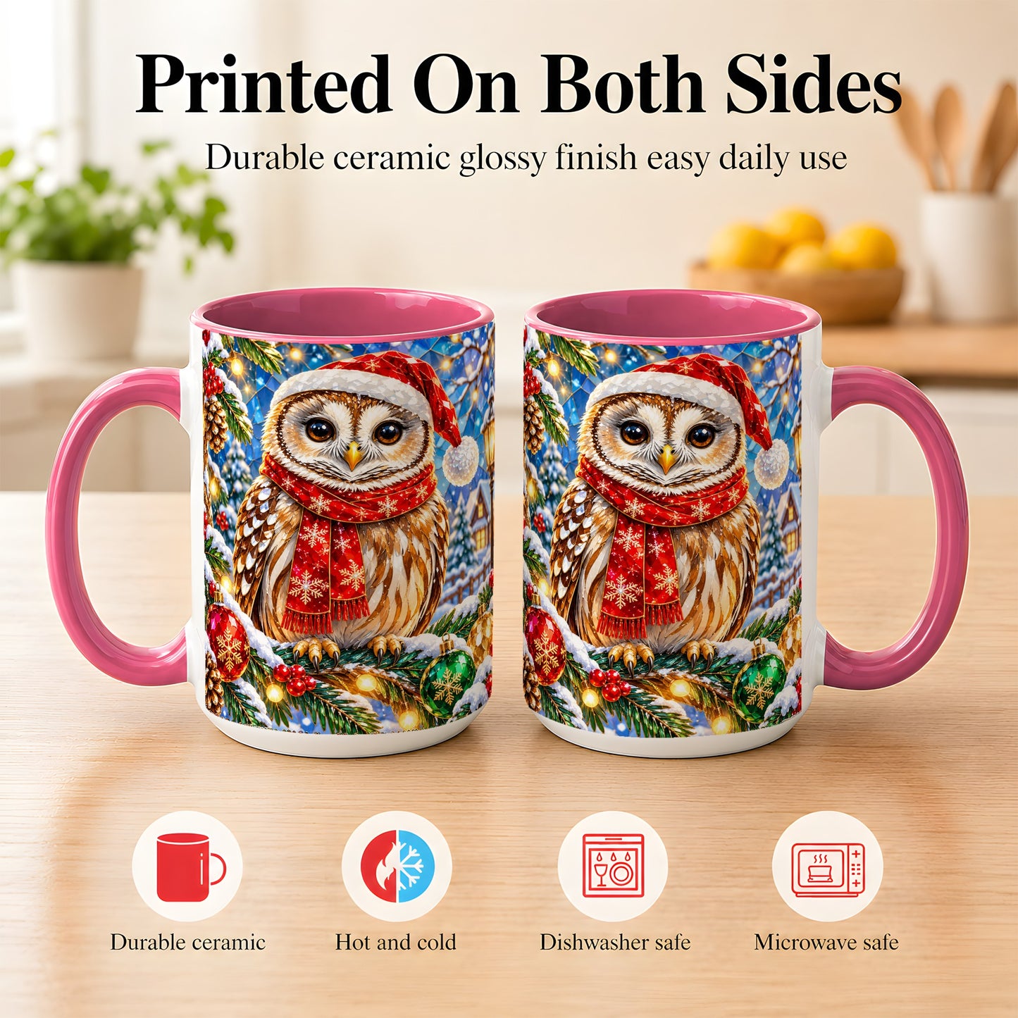 #pl[15oz|Pink] Jeweled Christmas Owl Coffee Mug, Winter Bird Mug, Ceramic Cup