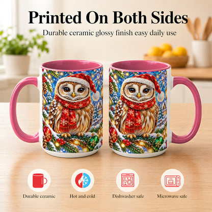 #pl[15oz|Pink] Jeweled Christmas Owl Coffee Mug, Winter Bird Mug, Ceramic Cup