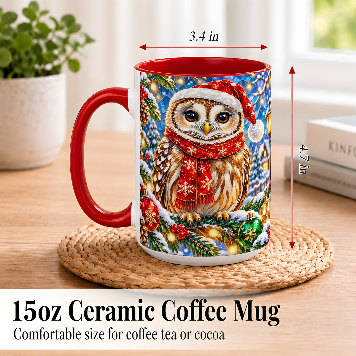 #pl[15oz|Red] Jeweled Christmas Owl Coffee Mug, Winter Bird Mug, Ceramic Cup