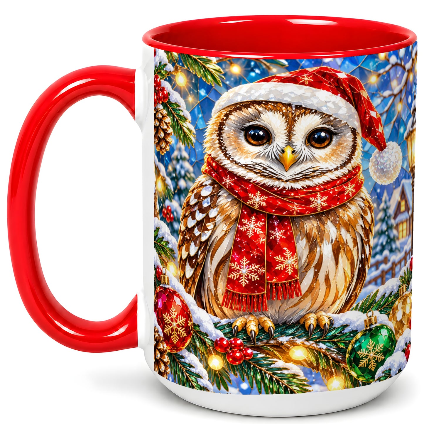 #pl[15oz|Red] Jeweled Christmas Owl Coffee Mug, Winter Bird Mug, Ceramic Cup