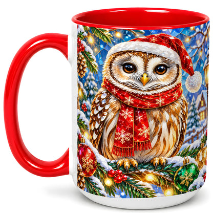 #pl[15oz|Red] Jeweled Christmas Owl Coffee Mug, Winter Bird Mug, Ceramic Cup