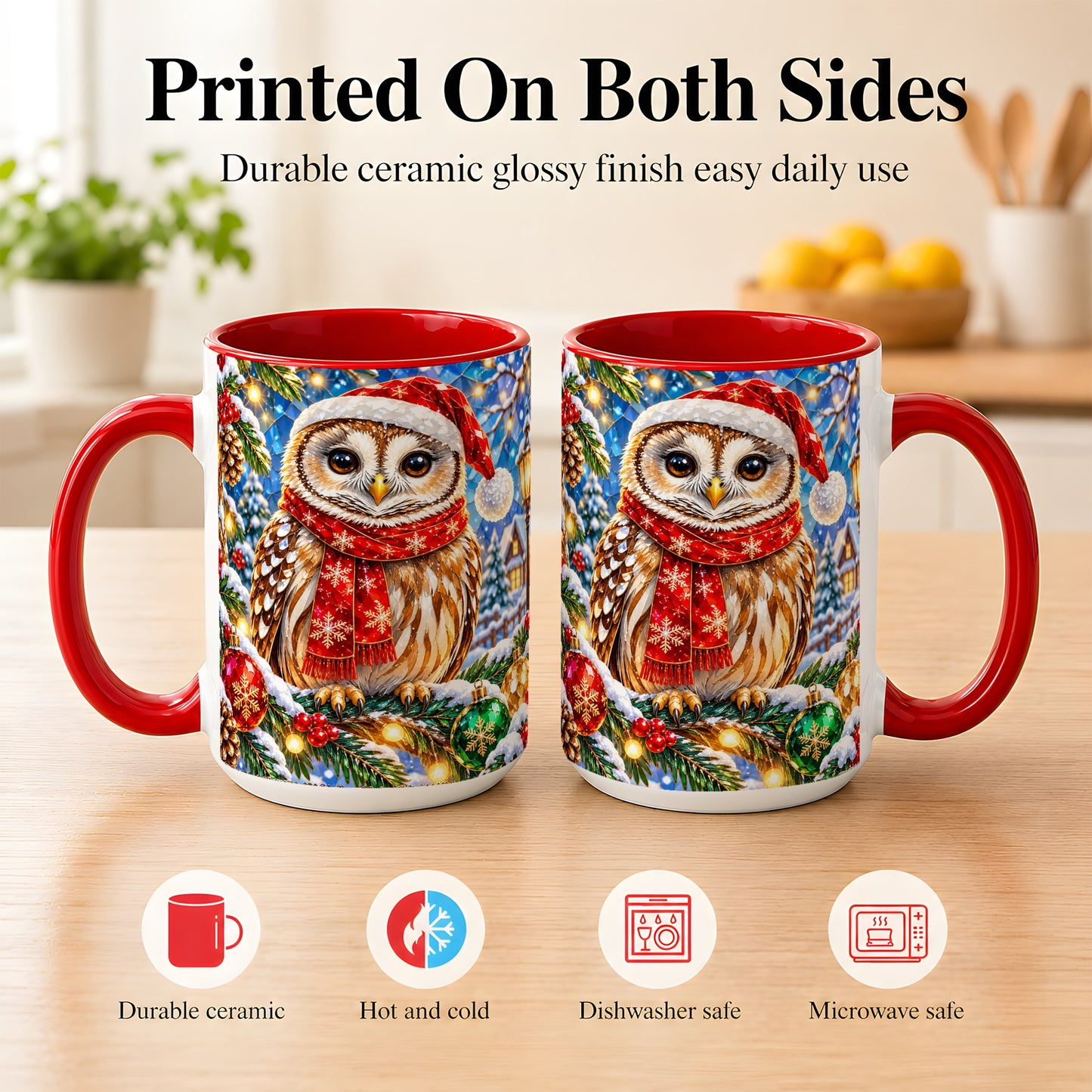 #pl[15oz|Red] Jeweled Christmas Owl Coffee Mug, Winter Bird Mug, Ceramic Cup