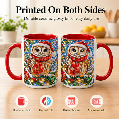 #pl[15oz|Red] Jeweled Christmas Owl Coffee Mug, Winter Bird Mug, Ceramic Cup