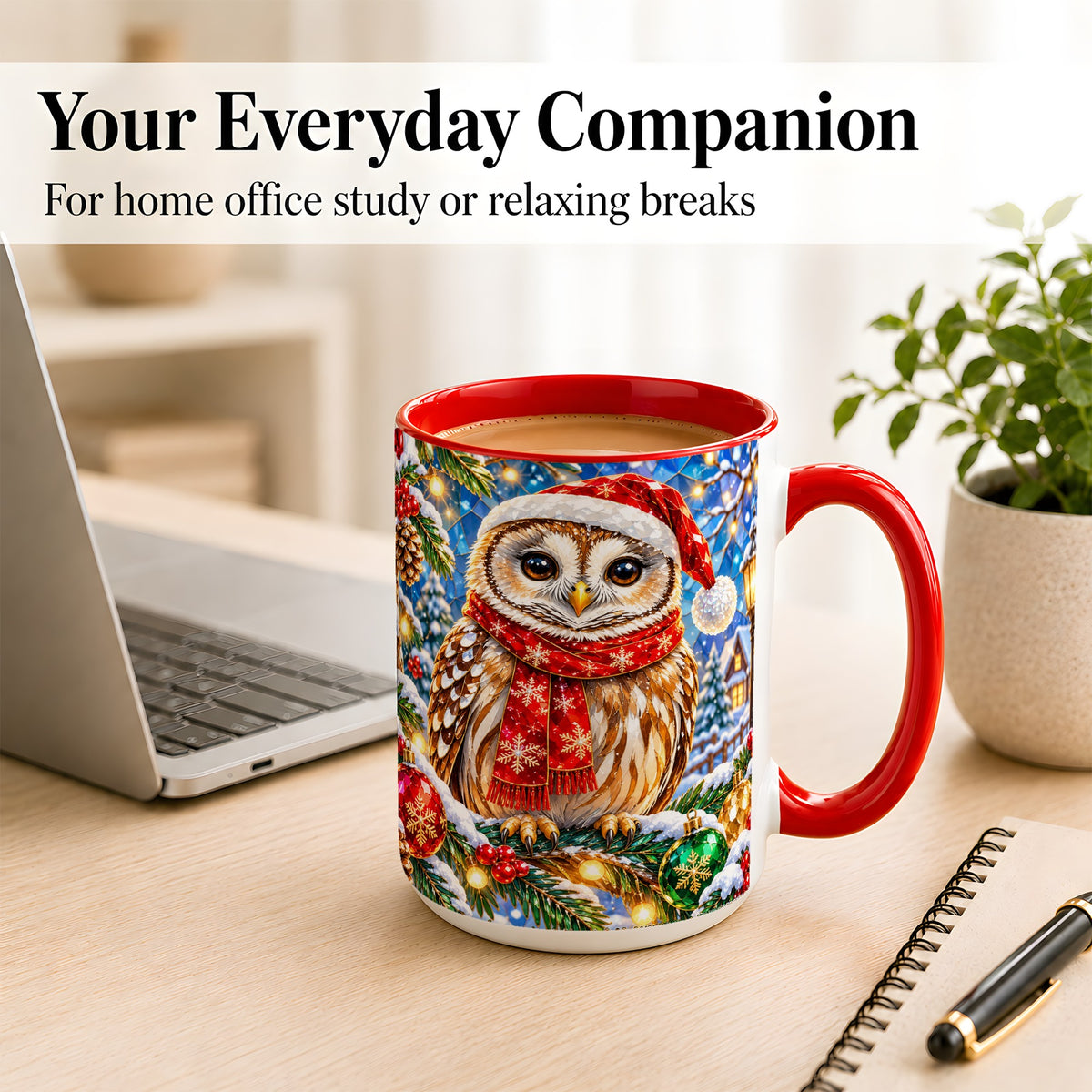 #pl[15oz|Red] Jeweled Christmas Owl Coffee Mug, Winter Bird Mug, Ceramic Cup