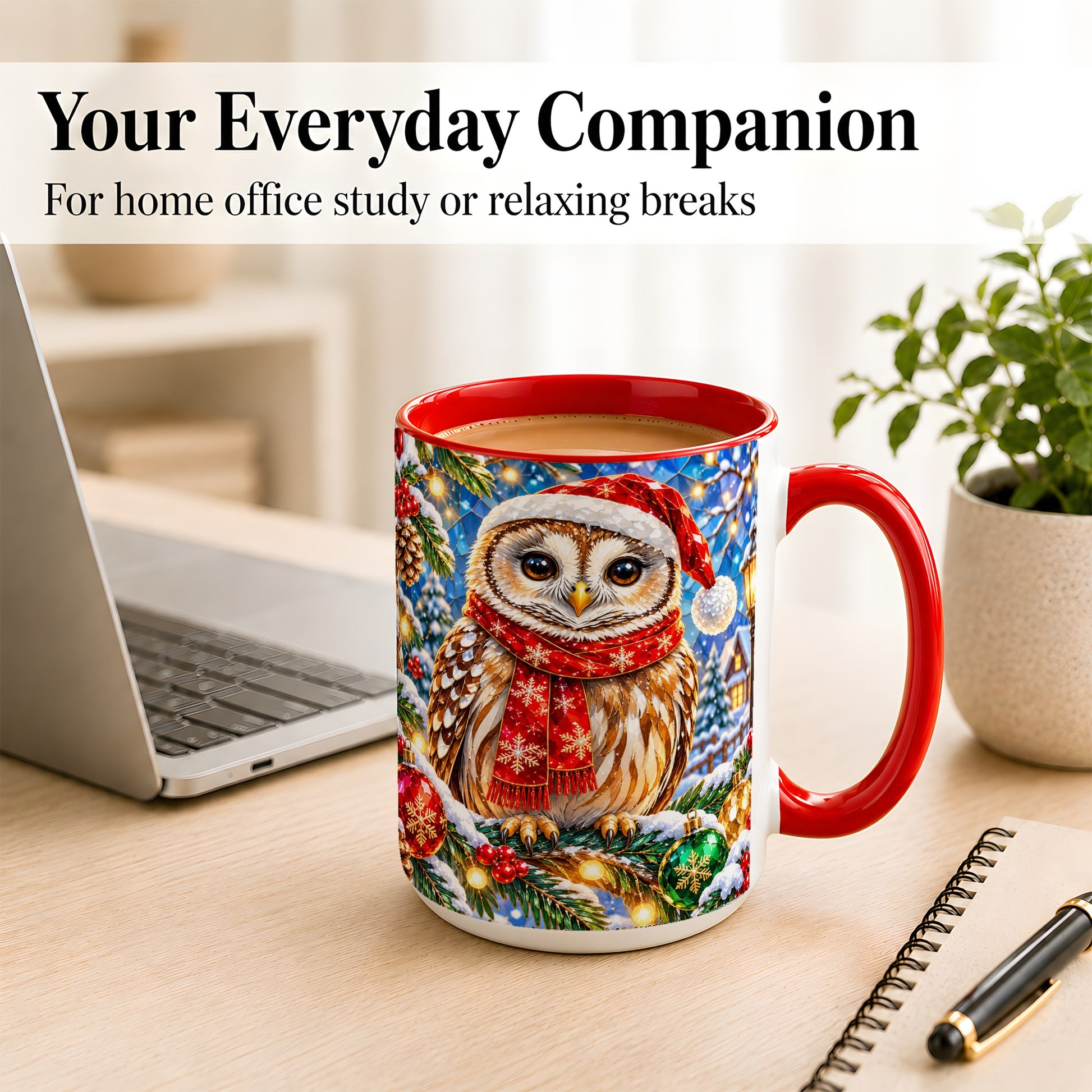 #pl[15oz|Red] Jeweled Christmas Owl Coffee Mug, Winter Bird Mug, Ceramic Cup