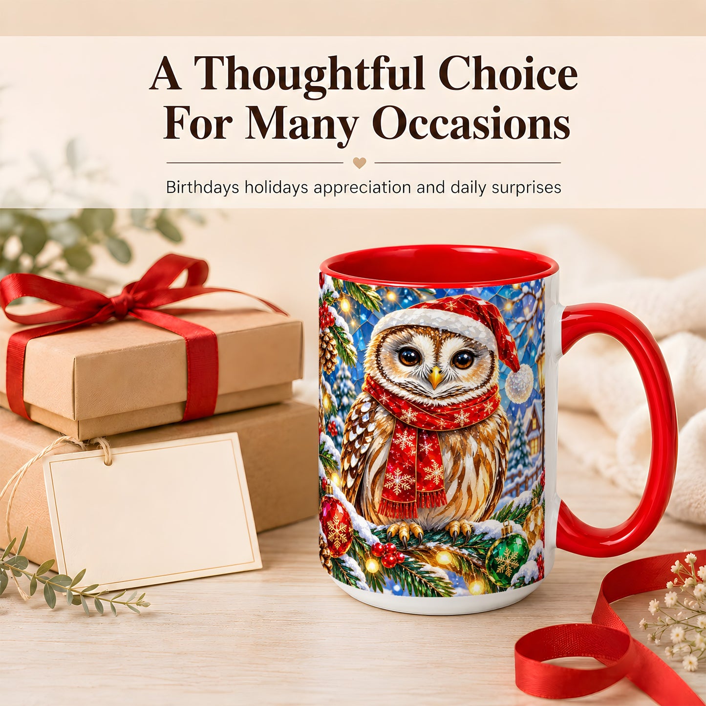 #pl[15oz|Red] Jeweled Christmas Owl Coffee Mug, Winter Bird Mug, Ceramic Cup