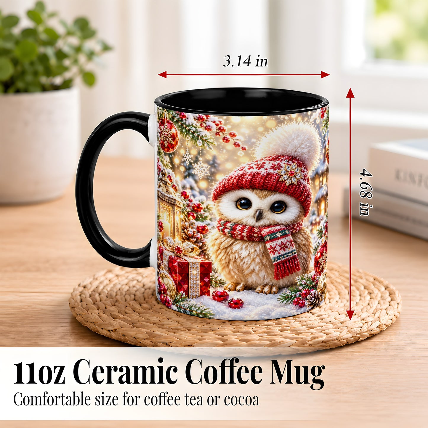 #pl[11oz|Black] Christmas Owl Coffee Mug, Cute Winter Owl Mug, Ceramic Cup