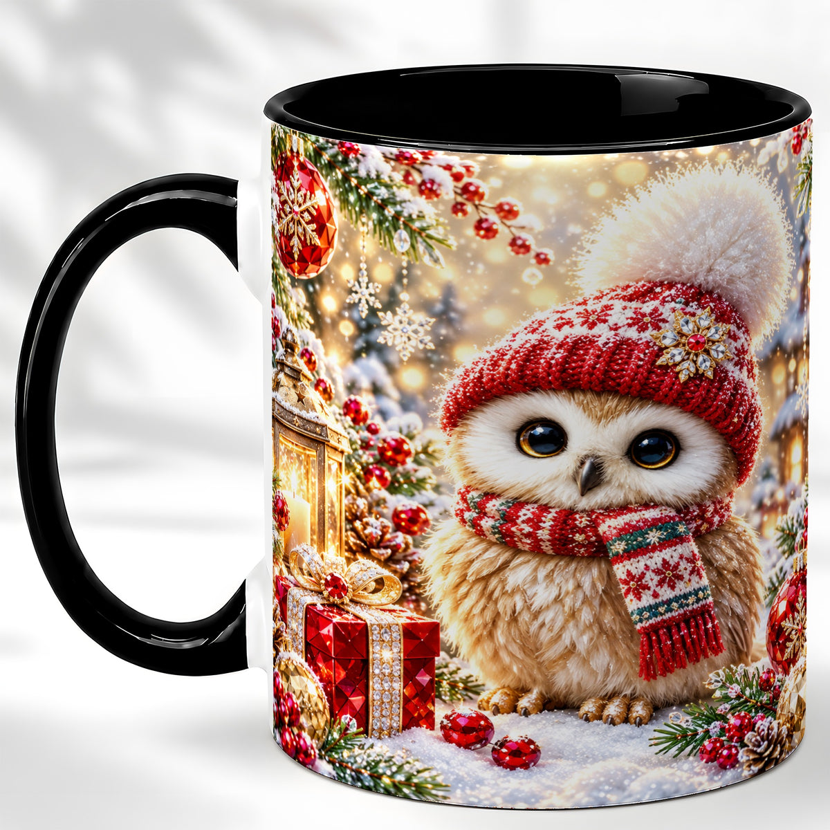 #pl[11oz|Black] Christmas Owl Coffee Mug, Cute Winter Owl Mug, Ceramic Cup