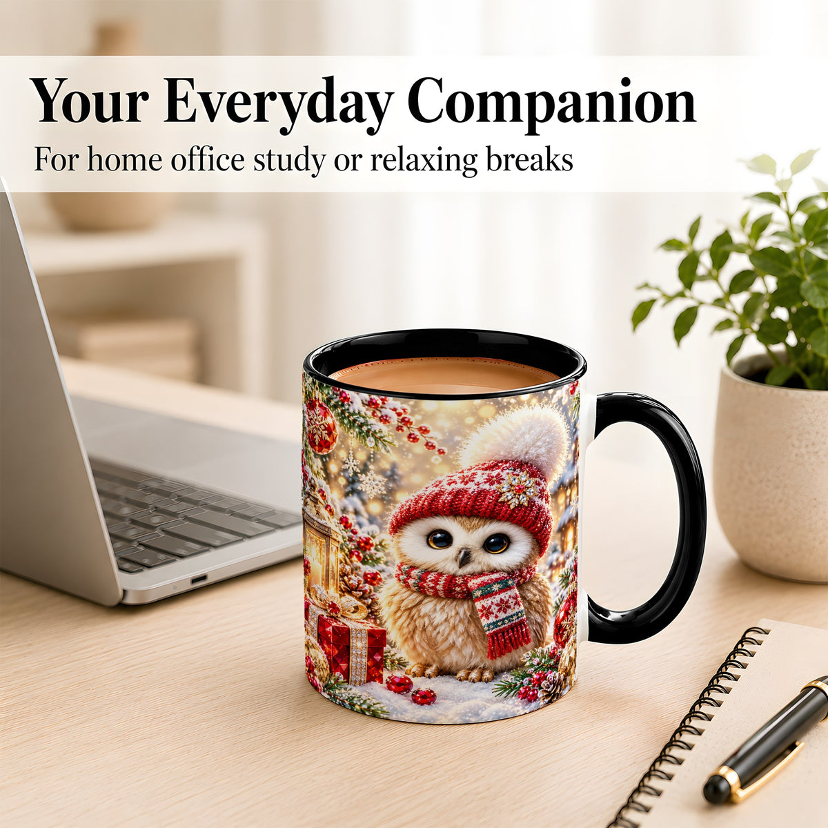 #pl[11oz|Black] Christmas Owl Coffee Mug, Cute Winter Owl Mug, Ceramic Cup