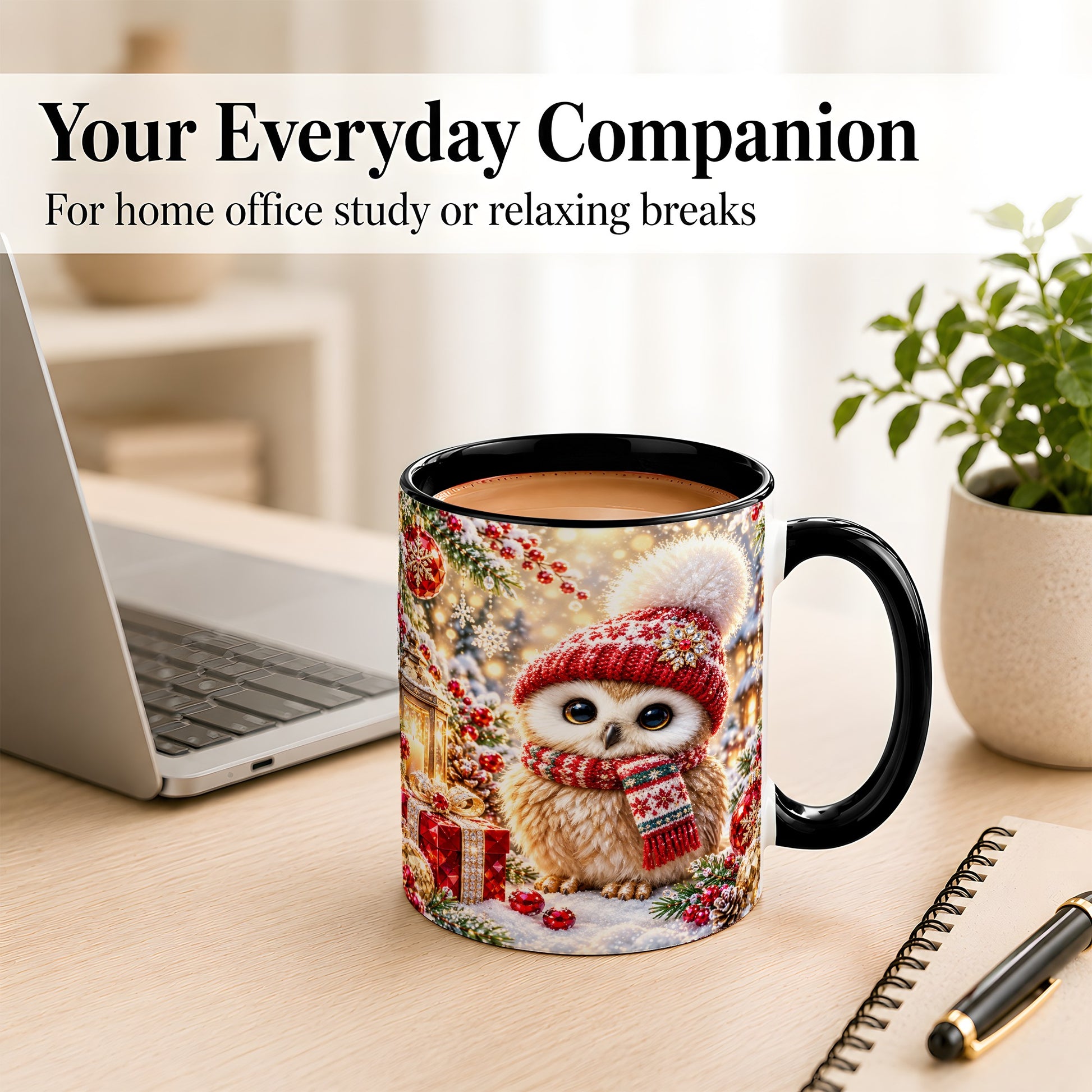 #pl[11oz|Black] Christmas Owl Coffee Mug, Cute Winter Owl Mug, Ceramic Cup