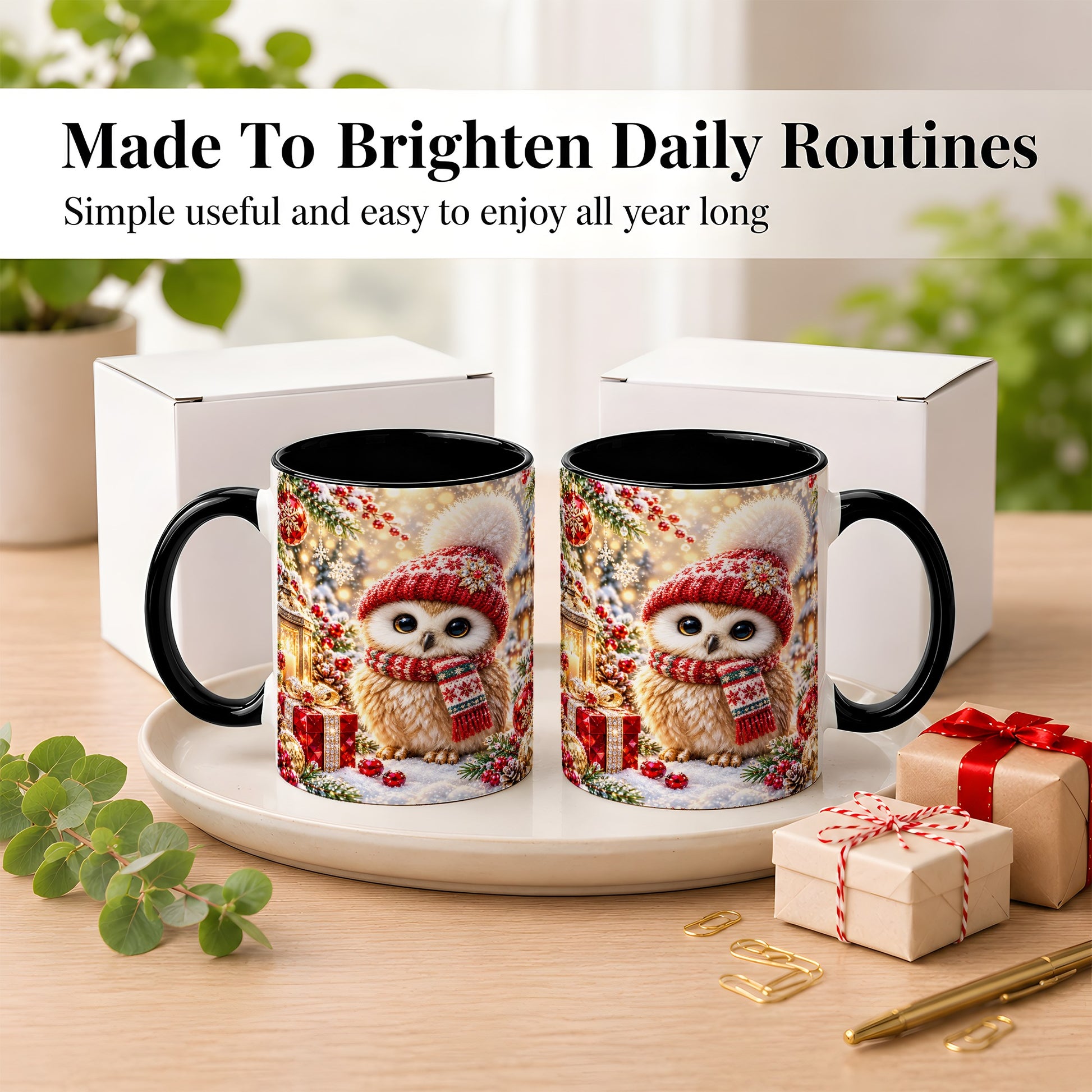 #pl[11oz|Black] Christmas Owl Coffee Mug, Cute Winter Owl Mug, Ceramic Cup