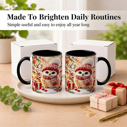 #pl[11oz|Black] Christmas Owl Coffee Mug, Cute Winter Owl Mug, Ceramic Cup