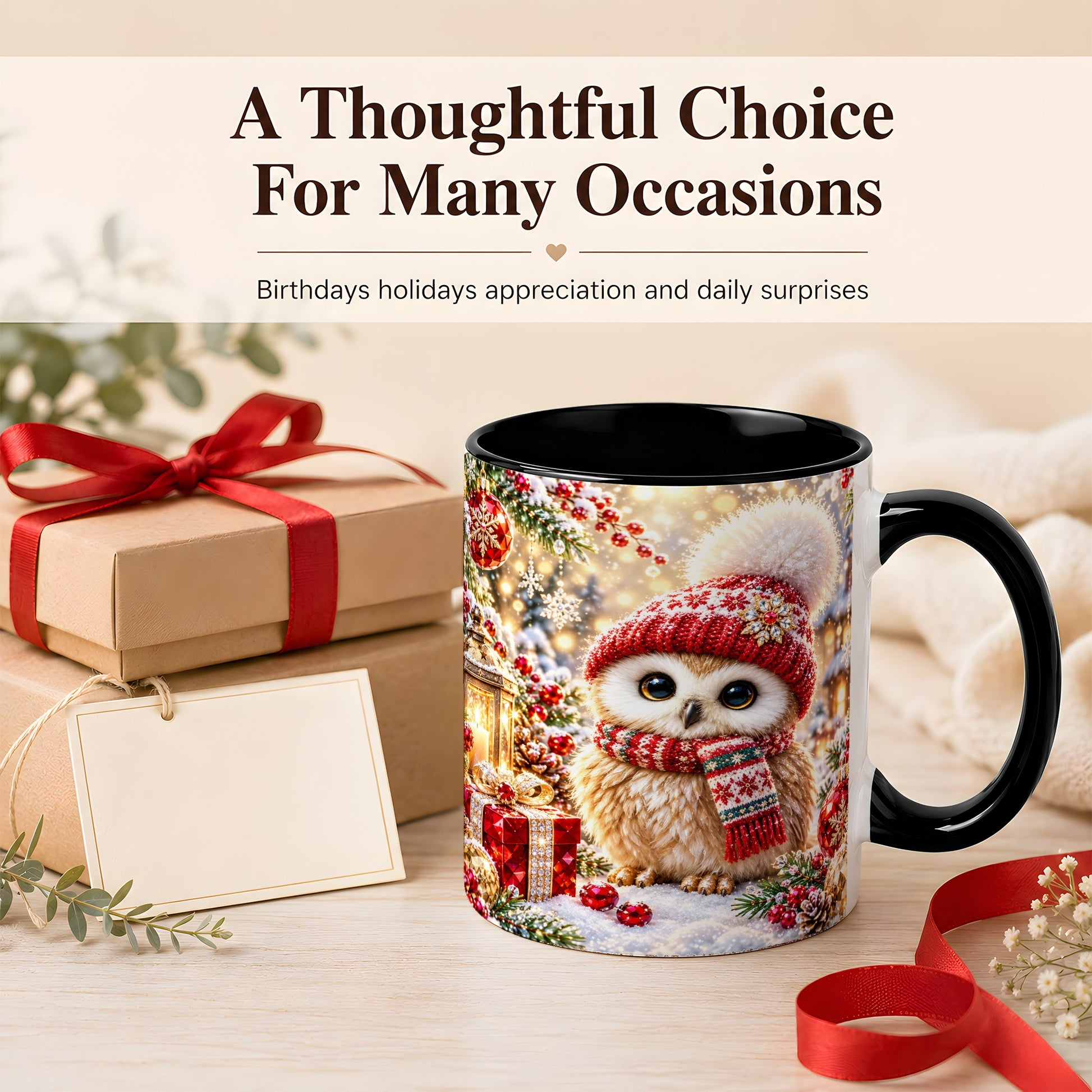 #pl[11oz|Black] Christmas Owl Coffee Mug, Cute Winter Owl Mug, Ceramic Cup
