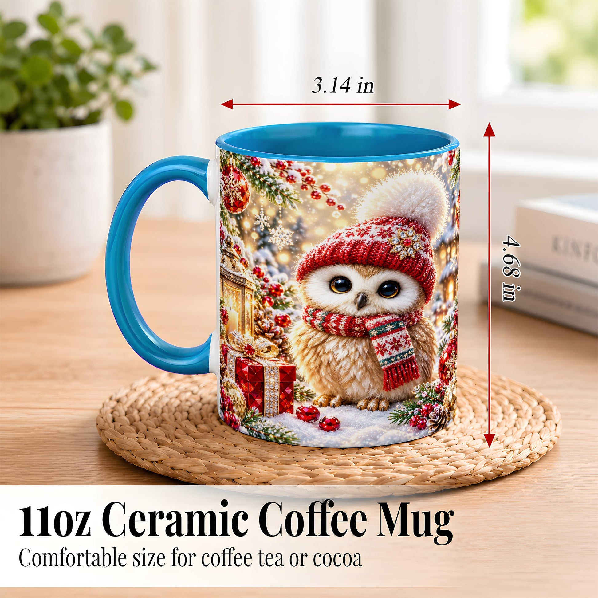 #pl[11oz|Blue] Christmas Owl Coffee Mug, Cute Winter Owl Mug, Ceramic Cup