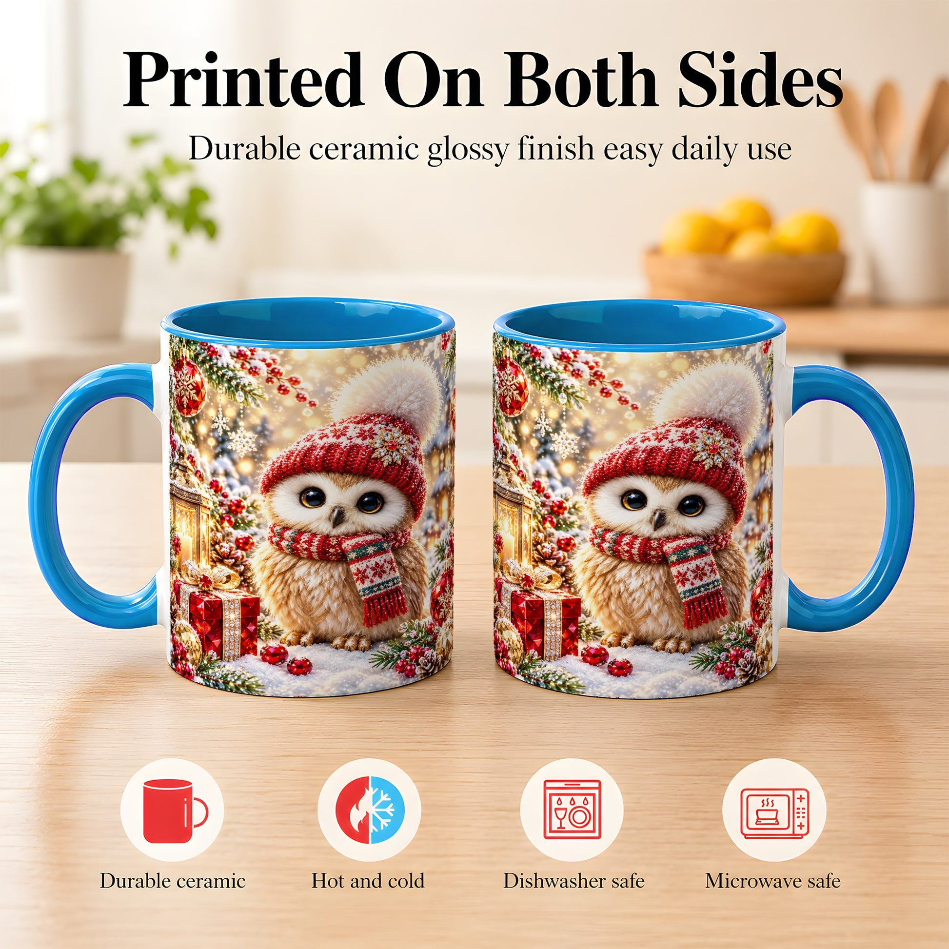 #pl[11oz|Blue] Christmas Owl Coffee Mug, Cute Winter Owl Mug, Ceramic Cup