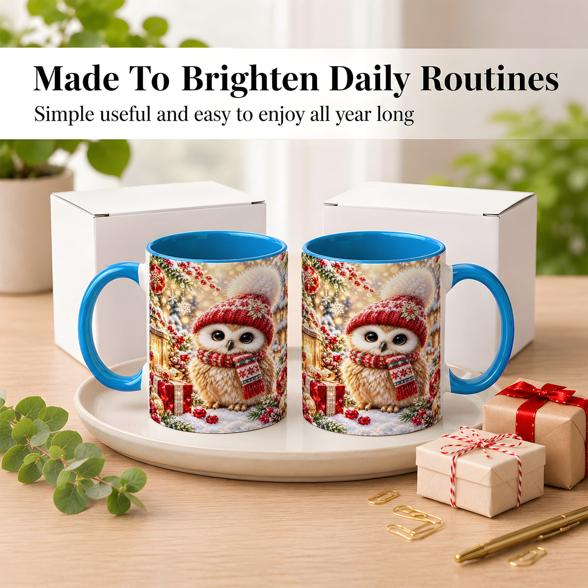#pl[11oz|Blue] Christmas Owl Coffee Mug, Cute Winter Owl Mug, Ceramic Cup