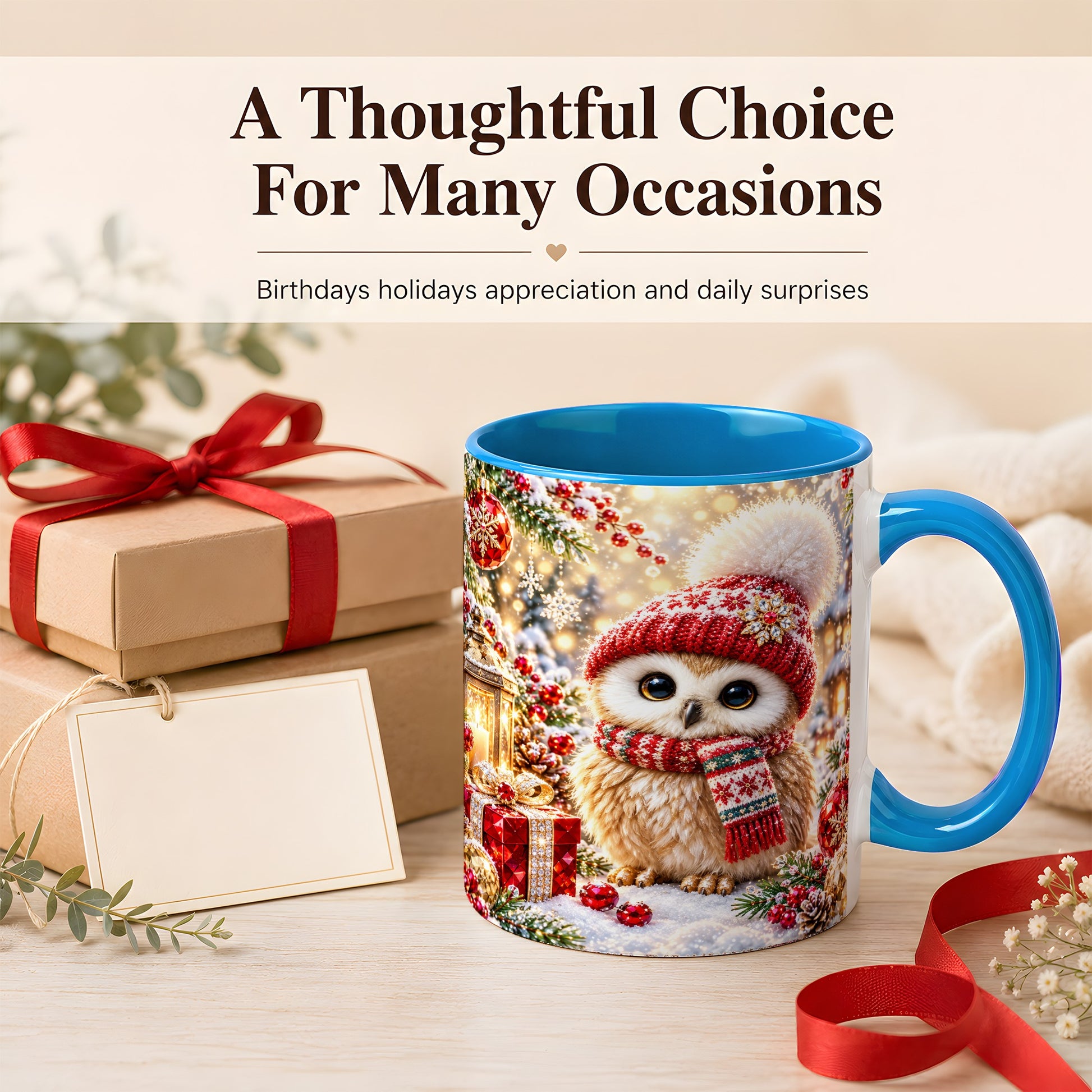#pl[11oz|Blue] Christmas Owl Coffee Mug, Cute Winter Owl Mug, Ceramic Cup