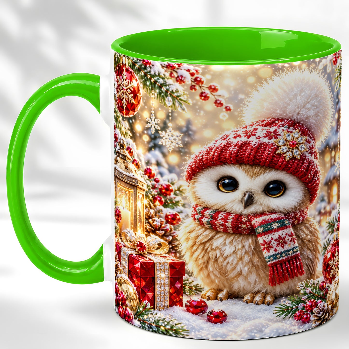 #pl[11oz|Green] Christmas Owl Coffee Mug, Cute Winter Owl Mug, Ceramic Cup