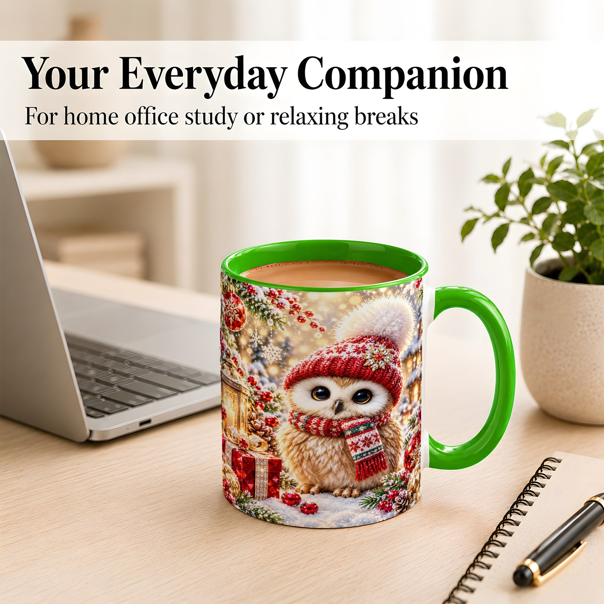#pl[11oz|Green] Christmas Owl Coffee Mug, Cute Winter Owl Mug, Ceramic Cup