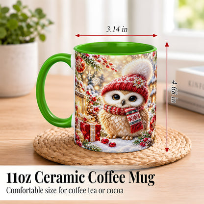 #pl[11oz|Green] Christmas Owl Coffee Mug, Cute Winter Owl Mug, Ceramic Cup