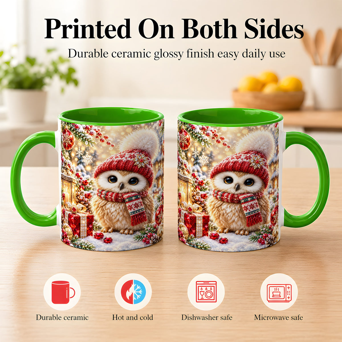 #pl[11oz|Green] Christmas Owl Coffee Mug, Cute Winter Owl Mug, Ceramic Cup