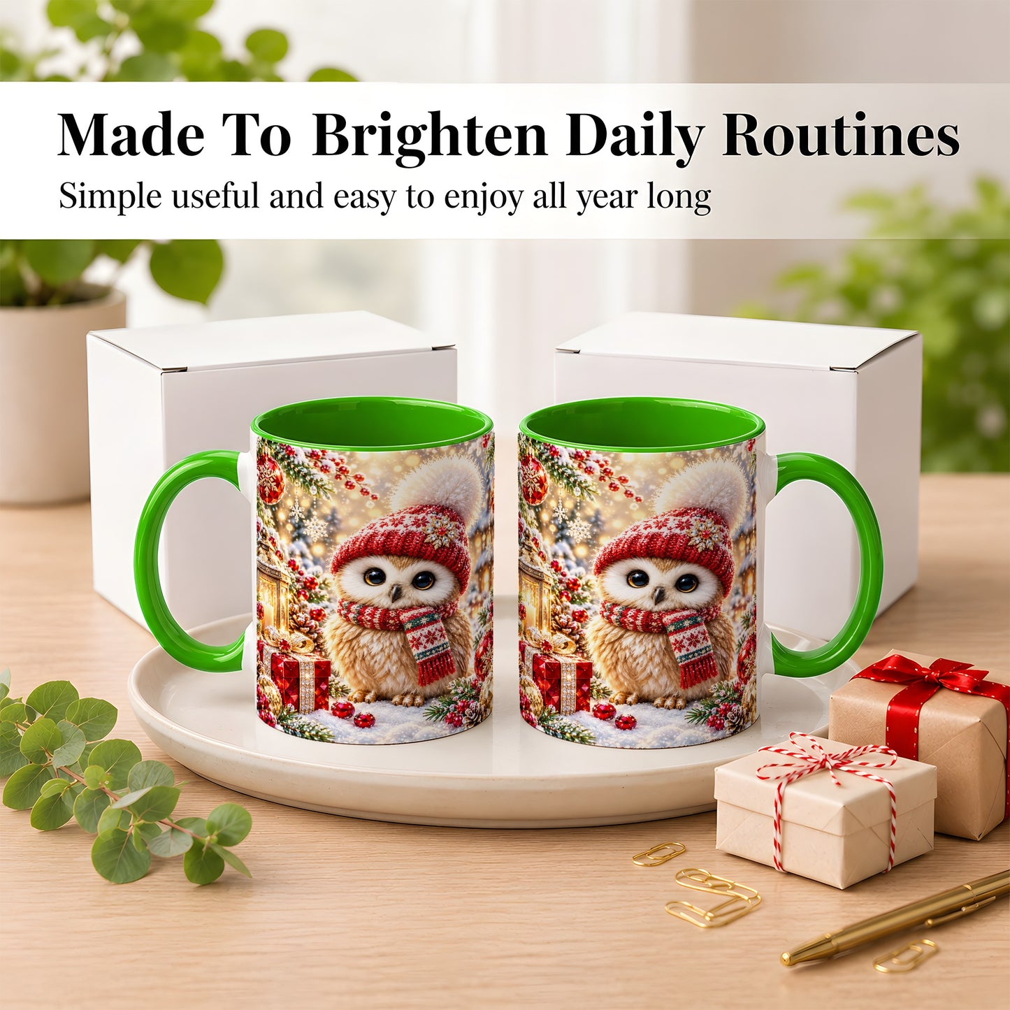 #pl[11oz|Green] Christmas Owl Coffee Mug, Cute Winter Owl Mug, Ceramic Cup