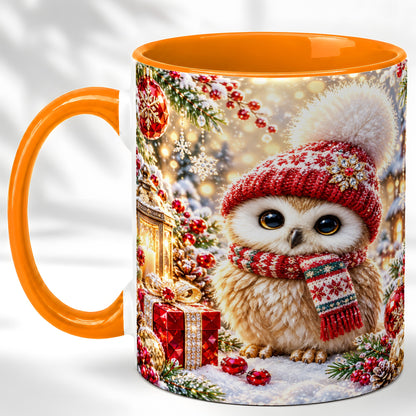 #pl[11oz|Orange] Christmas Owl Coffee Mug, Cute Winter Owl Mug, Ceramic Cup