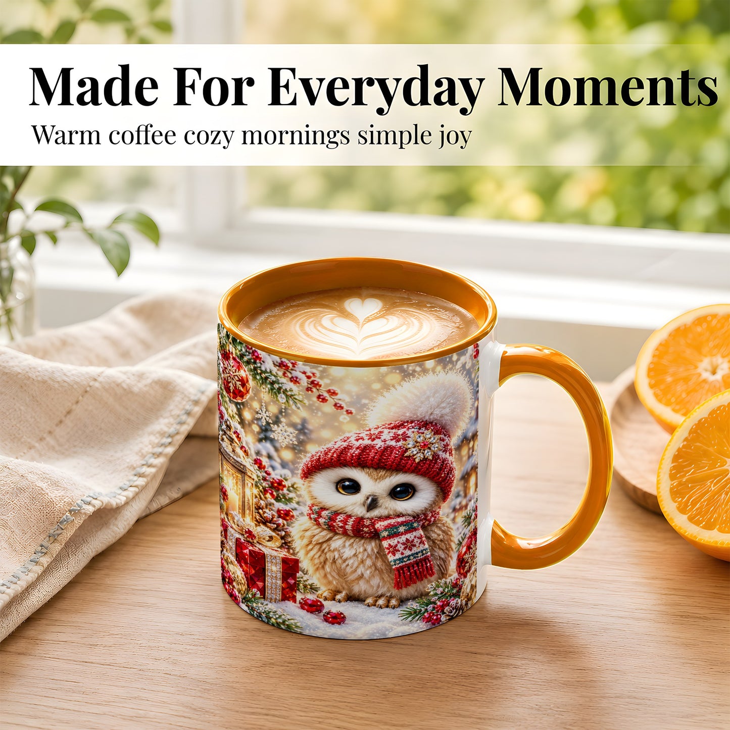 #pl[11oz|Orange] Christmas Owl Coffee Mug, Cute Winter Owl Mug, Ceramic Cup