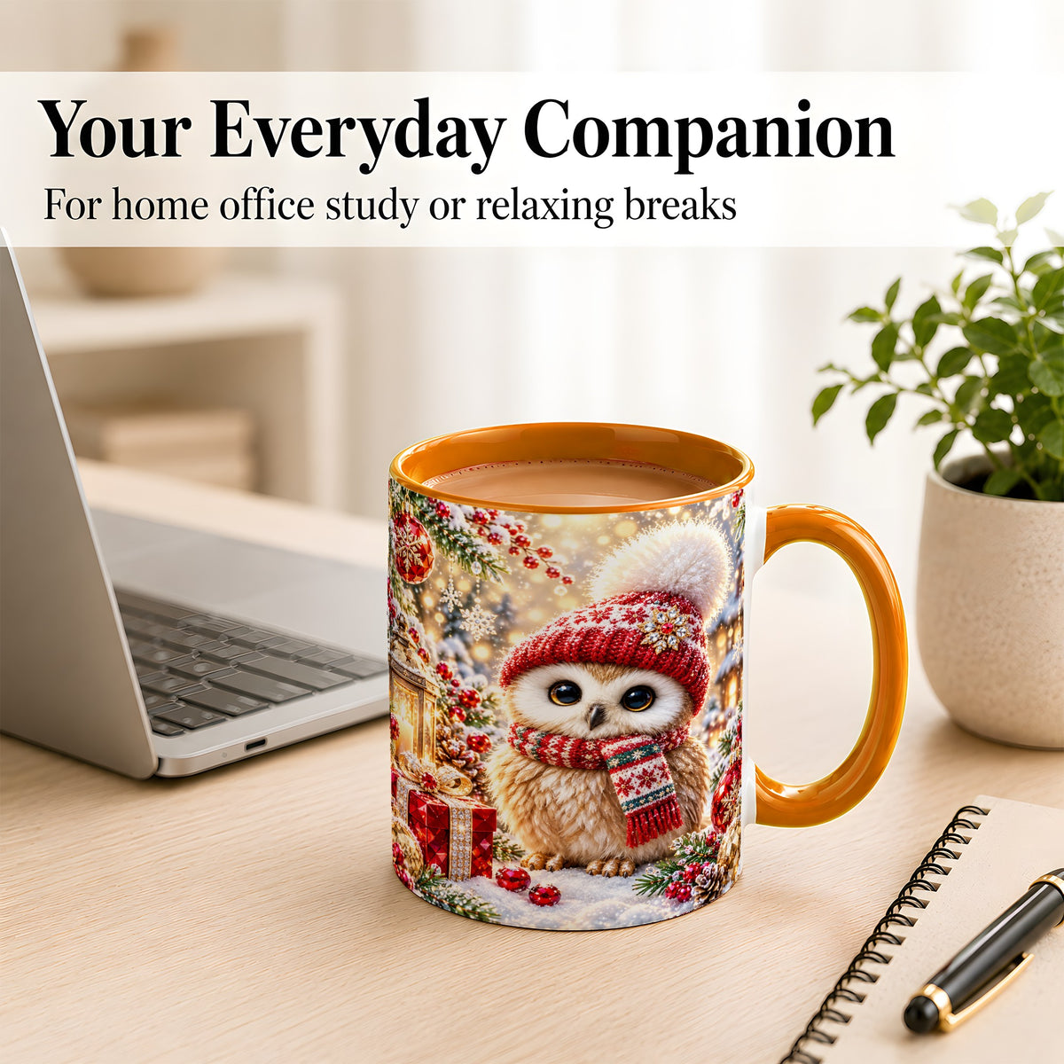 #pl[11oz|Orange] Christmas Owl Coffee Mug, Cute Winter Owl Mug, Ceramic Cup