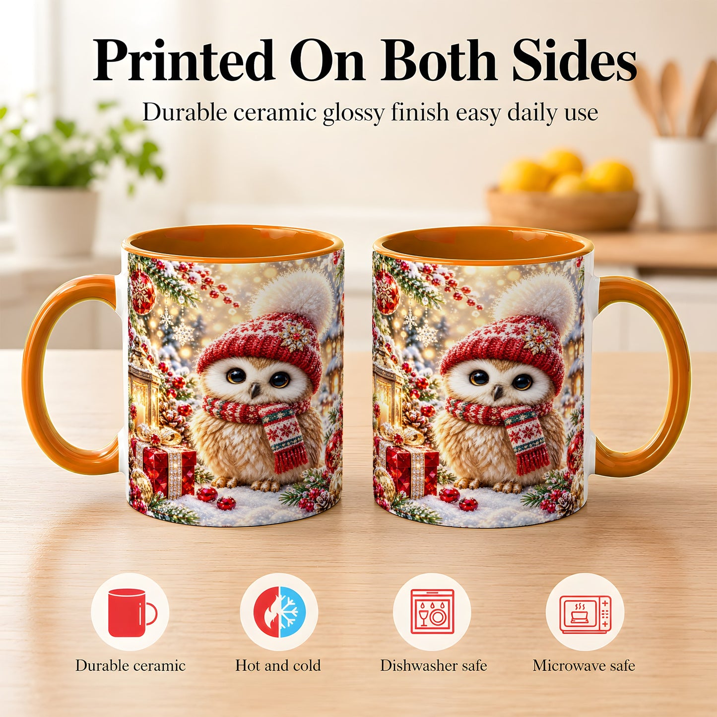 #pl[11oz|Orange] Christmas Owl Coffee Mug, Cute Winter Owl Mug, Ceramic Cup