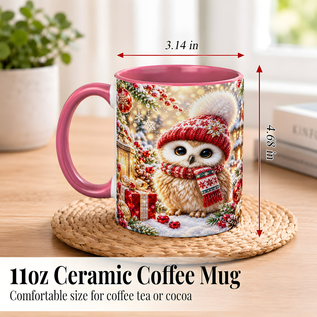 #pl[11oz|Pink] Christmas Owl Coffee Mug, Cute Winter Owl Mug, Ceramic Cup