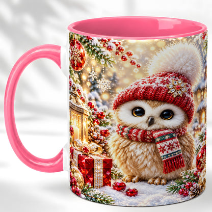 #pl[11oz|Pink] Christmas Owl Coffee Mug, Cute Winter Owl Mug, Ceramic Cup