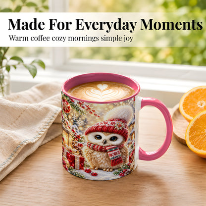#pl[11oz|Pink] Christmas Owl Coffee Mug, Cute Winter Owl Mug, Ceramic Cup