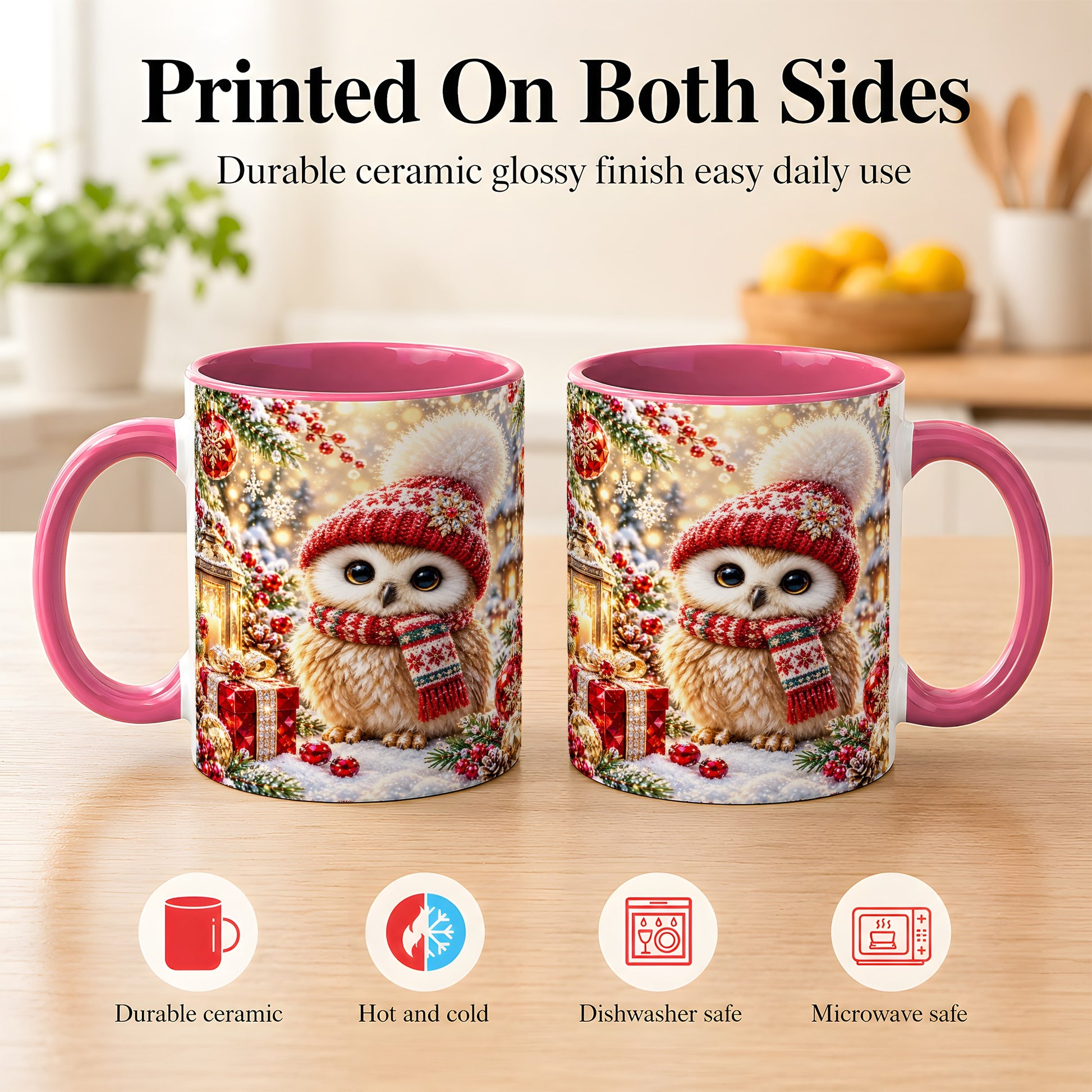#pl[11oz|Pink] Christmas Owl Coffee Mug, Cute Winter Owl Mug, Ceramic Cup