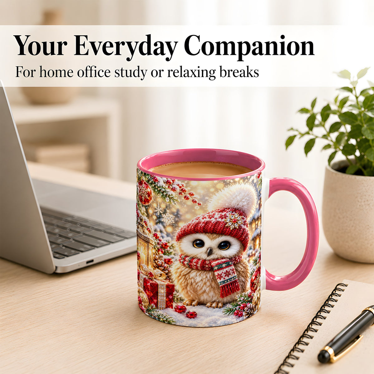 #pl[11oz|Pink] Christmas Owl Coffee Mug, Cute Winter Owl Mug, Ceramic Cup