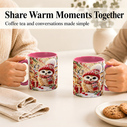 #pl[11oz|Pink] Christmas Owl Coffee Mug, Cute Winter Owl Mug, Ceramic Cup