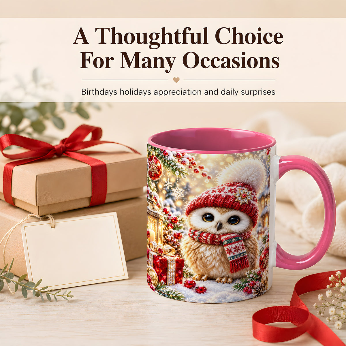 #pl[11oz|Pink] Christmas Owl Coffee Mug, Cute Winter Owl Mug, Ceramic Cup