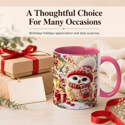 #pl[11oz|Pink] Christmas Owl Coffee Mug, Cute Winter Owl Mug, Ceramic Cup
