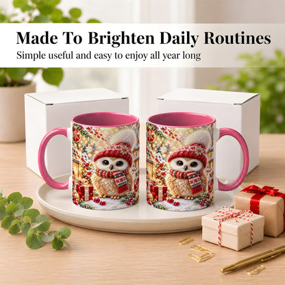 #pl[11oz|Pink] Christmas Owl Coffee Mug, Cute Winter Owl Mug, Ceramic Cup