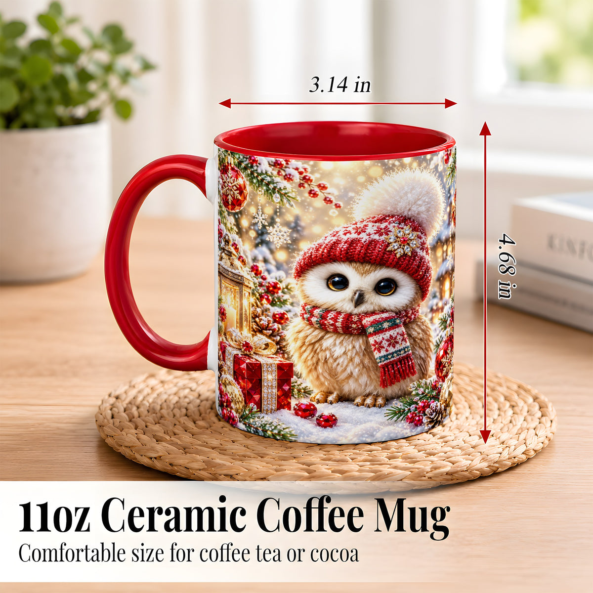 #pl[11oz|Red] Christmas Owl Coffee Mug, Cute Winter Owl Mug, Ceramic Cup
