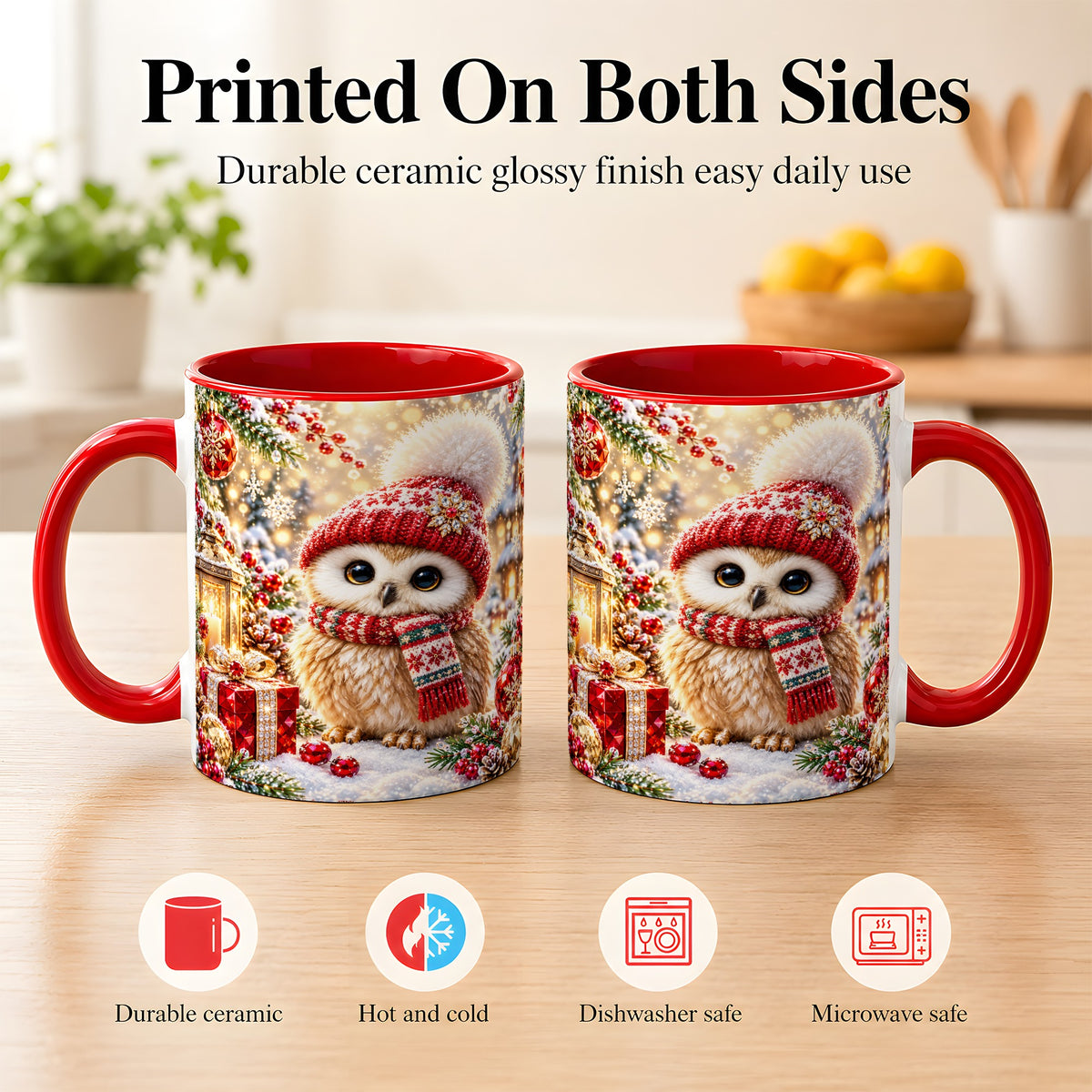 #pl[11oz|Red] Christmas Owl Coffee Mug, Cute Winter Owl Mug, Ceramic Cup