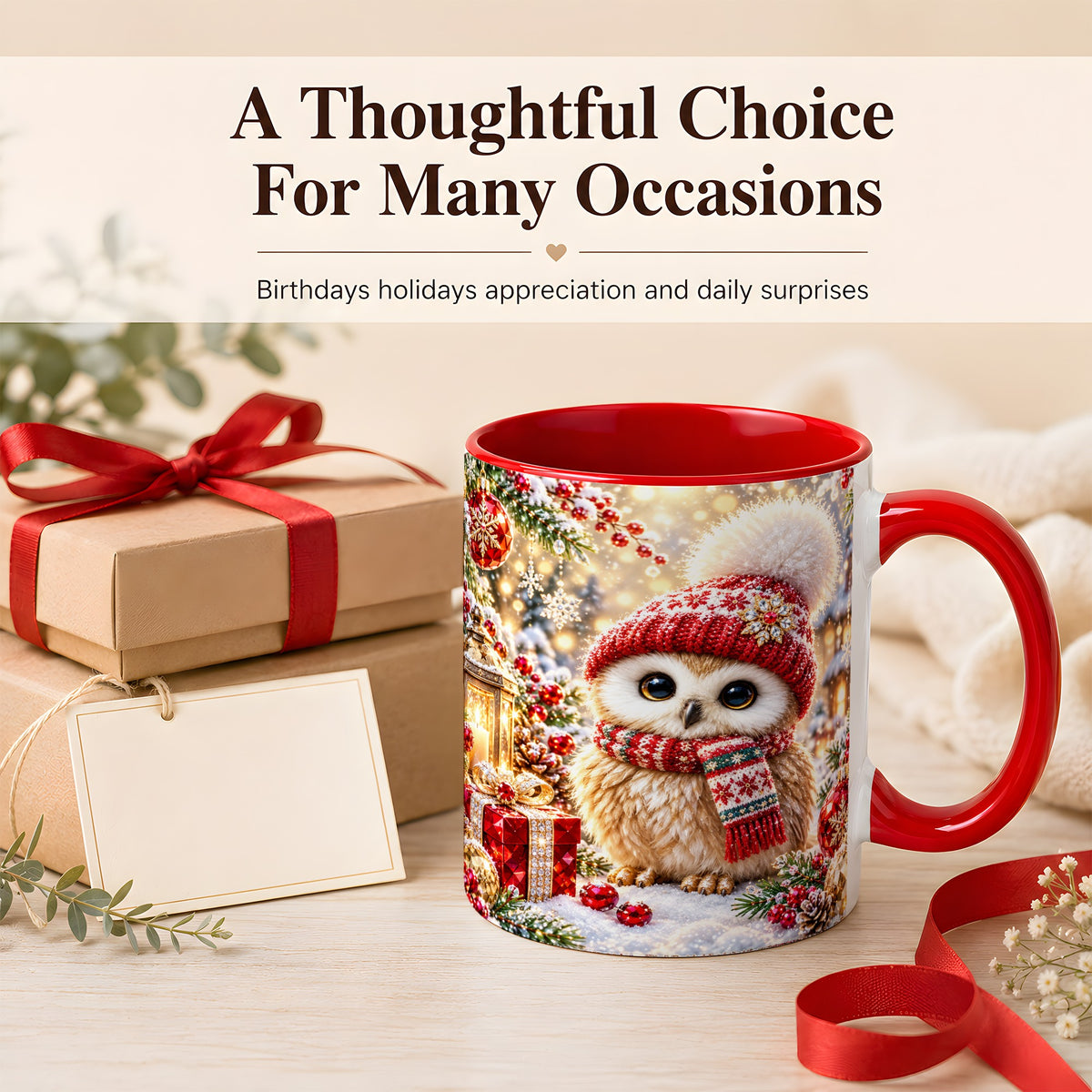 #pl[11oz|Red] Christmas Owl Coffee Mug, Cute Winter Owl Mug, Ceramic Cup